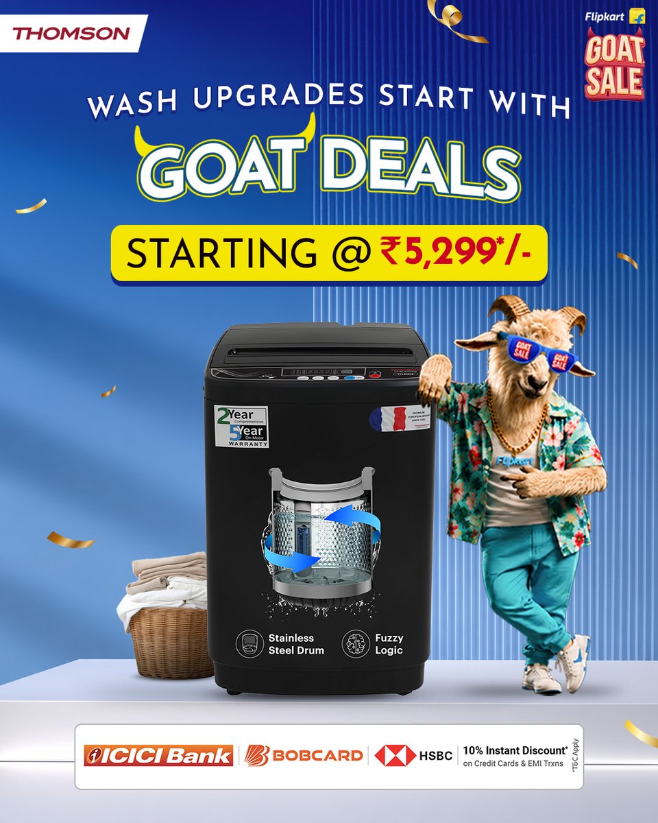 ThomsonTvIndia's tweet photo. 🌀 Smarter washing starts with GOAT Deals! 🐐✨
Don't miss this chance to make laundry smarter and easier at an unbeatable price!
👉 Shop the THOMSON TTL1000S on Flipkart today and grab your GOAT Deal before it's gone!
#THOMSON #THOMSONWashingMachine #FlipkartGOATSale https://t.co/c8e8h3zS55