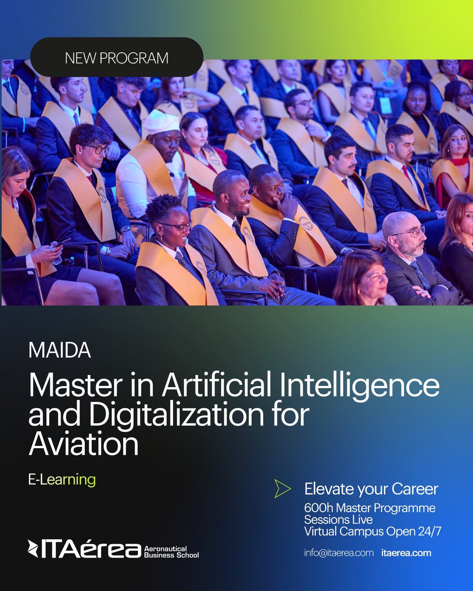 ITAerea_Aero's tweet photo. 🌟 NEW PROGRAM! 🌟

The Master in Artificial Intelligence and Digitalization for Aviation (MAIDA) is designed to position you exactly where the industry is heading 🧠📊

📩 Reserve your seat: info@itaerea.es

ℹ️ More info - https://t.co/db3vyaLj2D https://t.co/CbI7clddBQ