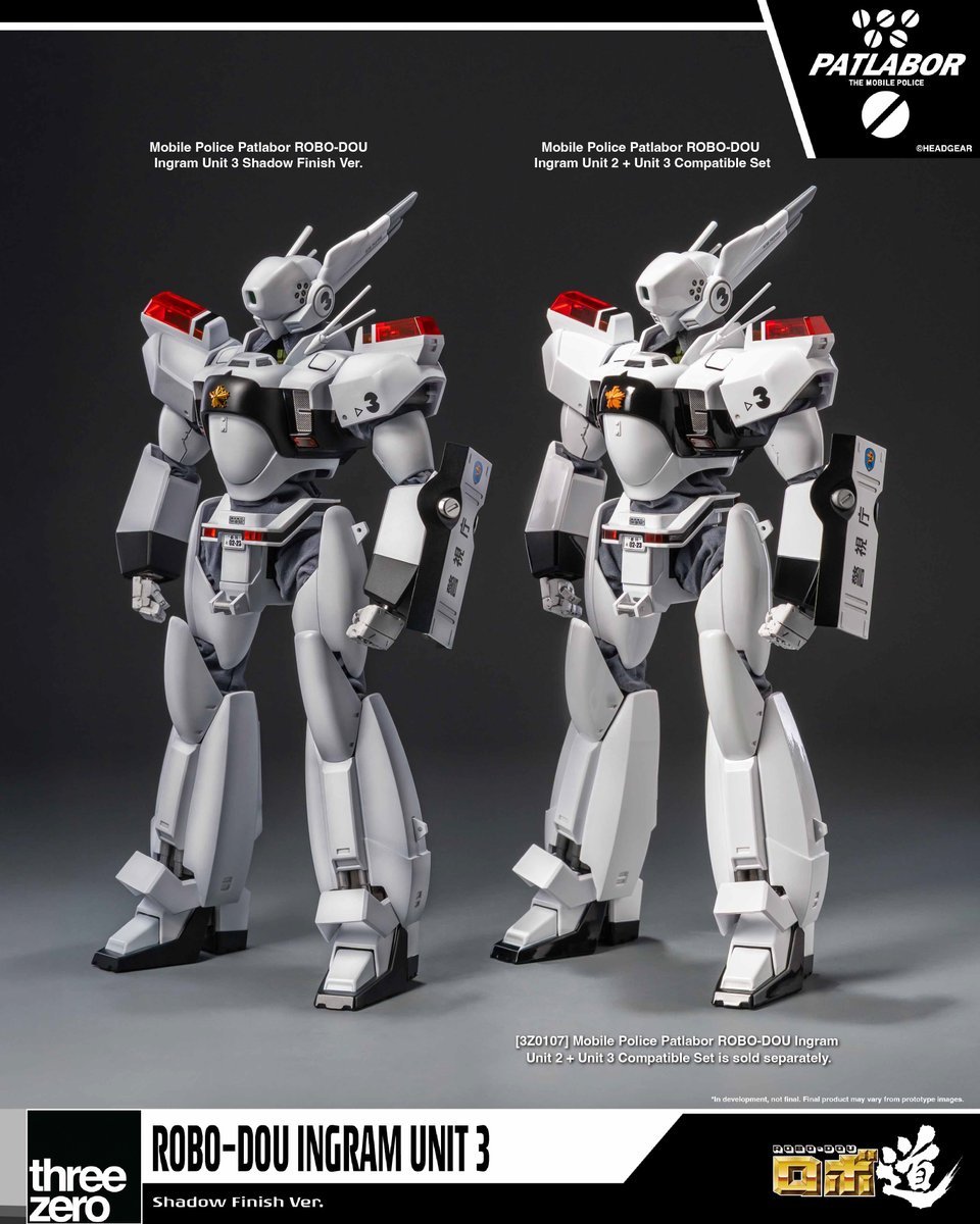 threezeroHK's tweet photo. 【Announcing the ROBO-DOU Ingram Unit 3 Shadow Finish Ver.!】

ROBO-DOU series’ Ingram Unit 3 from the anime franchise “Mobile Police Patlabor” now has a Shadow Finish Version variant!

ROBO-DOU Ingram Unit 3 Shadow Finish Ver. will be available in limited quantities for on-site purchase at ACGHK 2026 and ChinaJoy 2026 on a first-come-first-served basis.

Compared with the already-released ROBO-DOU Ingram Unit 2 + Unit 3 Compatible Set, the ROBO-DOU Ingram Unit 3 Shadow Finish Ver. features detailed shadow paint applications that resemble illustration works. Blending such meticulously applied paintwork with the high poseability and playability of the fully articulated figure, this collectible replicates the atmosphere of Ingram fighting the frequently occurring Labor Crimes!

©HEADGEAR

※ This item is available exclusively at select events. Please stay tuned for updates on future sales details.
※ In development. Final product may vary from promotional images.

https://t.co/Ang6al7WMc

#threezero #MobilePolicePatlabor #ROBODOU #IngramUnit #actionfigures