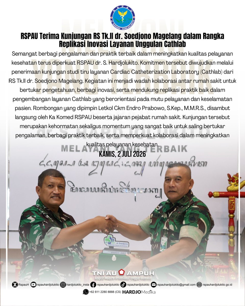 RspauH's tweet photo. Semangat berbagi pengalaman dan praktik terbaik dalam meningkatkan kualitas pelayanan kesehatan terus diperkuat. Komitmen tersebut diwujudkan melalui penerimaan kunjungan studi tiru layanan Cardiac Catheterization Laboratory (Cathlab) dari RS Tk.II dr. Soedjono Magelang, (2/7/26) https://t.co/0CaObxsT9O