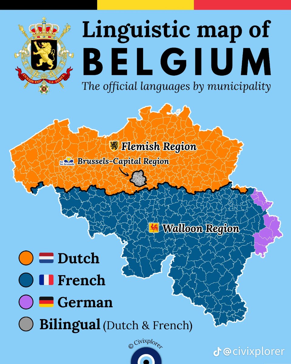 geofooty's tweet photo. Why does Belgium have multiple official languages? 

Historically, because of its location at the crossroads of Europe, the regions that make up modern Belgium developed using the languages of their larger neighbors—France, the Netherlands, and Germany.
Instead of creating a new language, they adapted them into local dialects. For example:

Flemish: This is the local term for the Dutch spoken in Belgium. While it uses the same grammar and vocabulary as standard Dutch, it has a distinct accent and uses some unique idioms (similar to the relationship between American and British English).