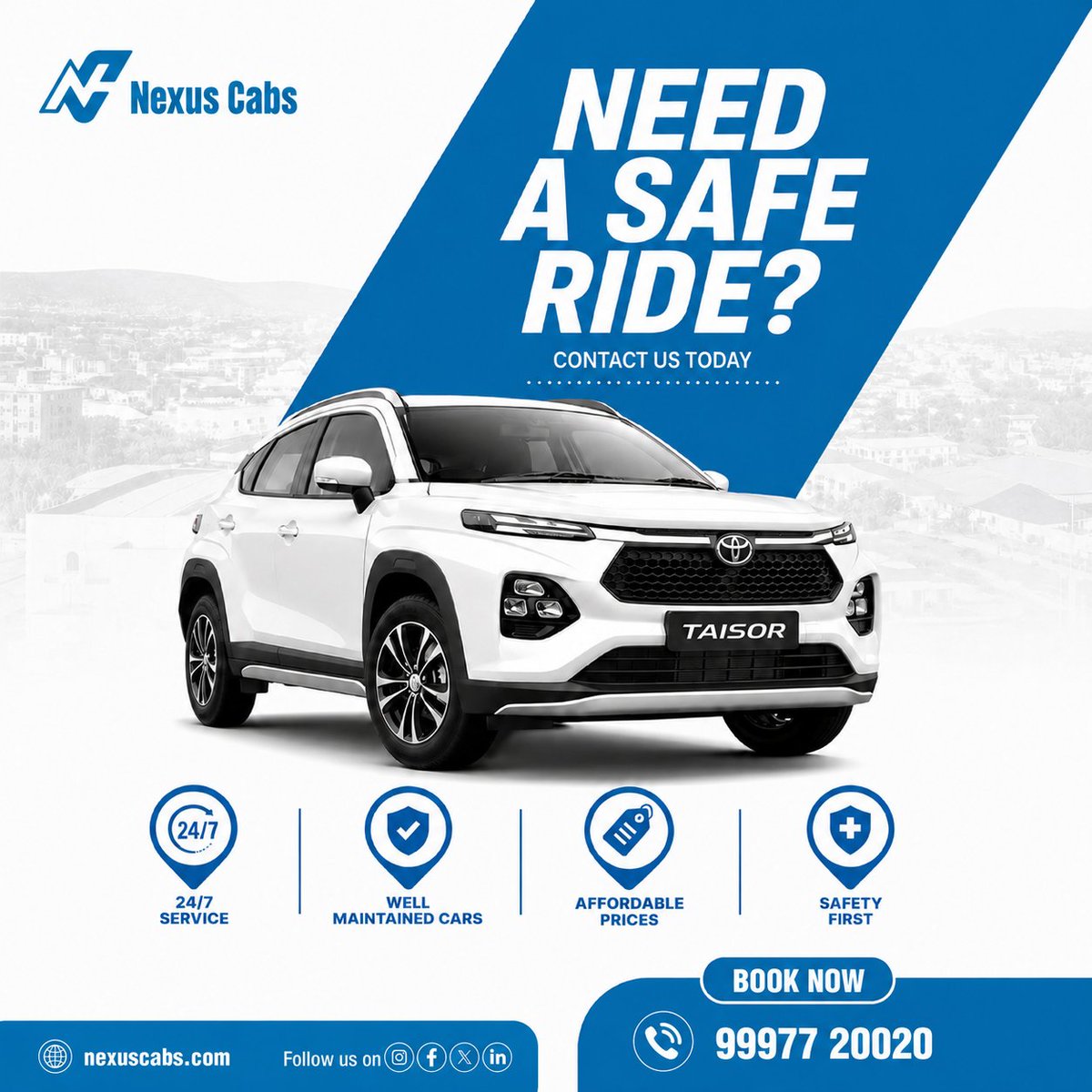 nexus_cabs's tweet photo. At Nexus Cabs, we believe renting a car should be simple, affordable, and stress-free.

Book your ride today and enjoy the freedom to drive on your own terms.

#NexusCabs #ToyotaTaisor #SelfDrive #SelfDriveCar #CarRental #DriveYourWay #RoadTrip #TravelIndia #WeekendDrive https://t.co/8uBbg6iALi