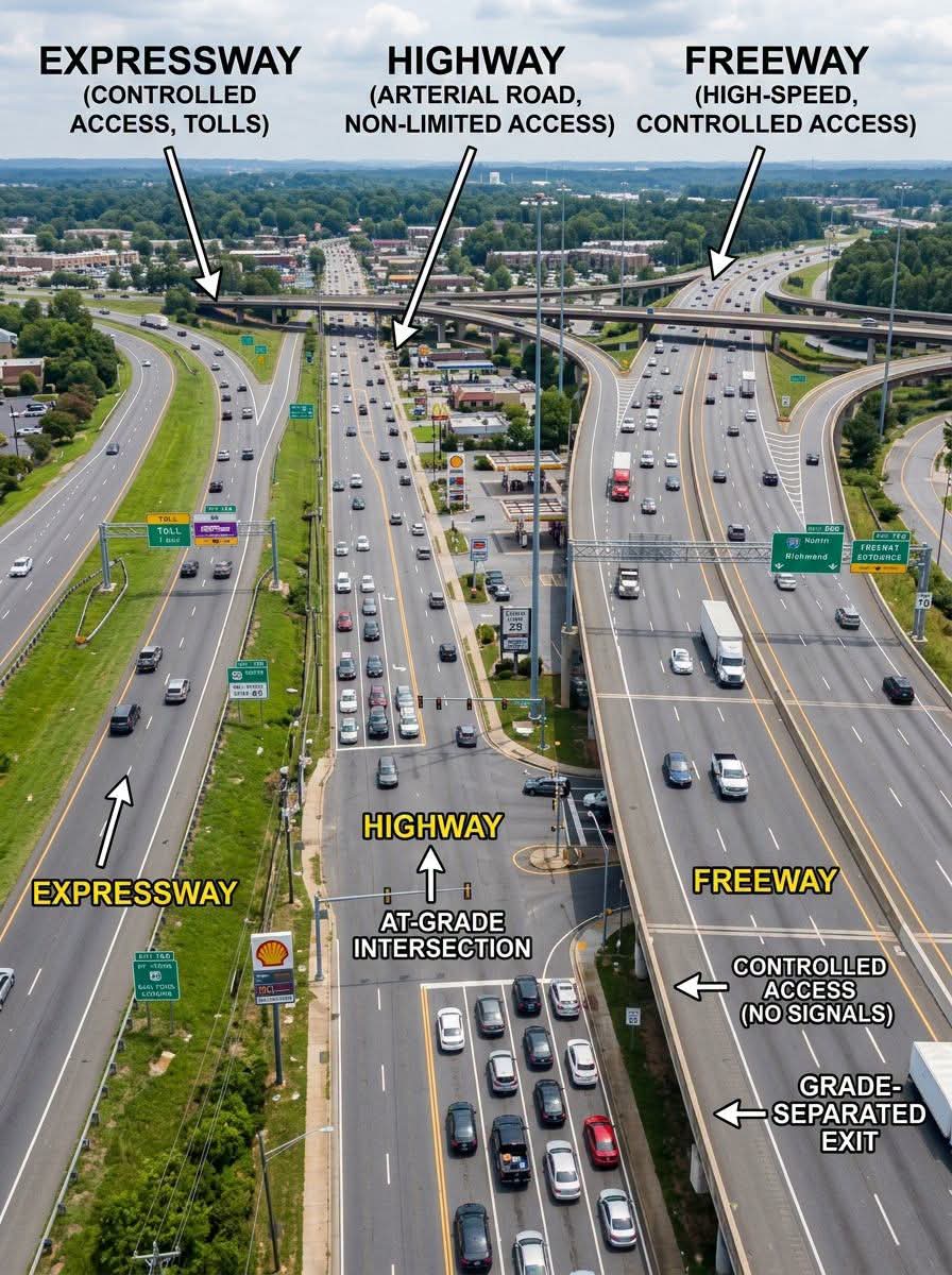 BSAT_Properties's tweet photo. Expressway vs Highway vs Freeway 

Expressway: A high-speed road with controlled access, limited entry/exit points, and no at-grade intersections for faster travel.

Highway: A major public road connecting cities and towns. It may have intersections, traffic signals, and direct property access.

Freeway: A fully access-controlled highway with multiple lanes, grade-separated interchanges, and no traffic signals or crossings, allowing uninterrupted traffic flow.

© Civil Engineering Help