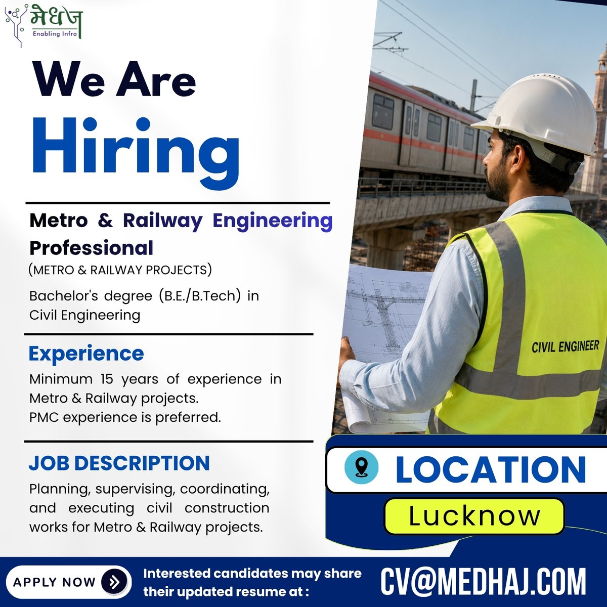 medhajgroup's tweet photo. We're Hiring! | Metro &amp; Railway Engineering Professional.

We're looking for an experienced Metro &amp; Railway Engineering Professional to join us in Lucknow.

📩 Send your updated resume to: cv@medhaj.com

#hiring #civilengineer #civilengineering #metroprojects #railwayprojects https://t.co/h5NDh9uoLg