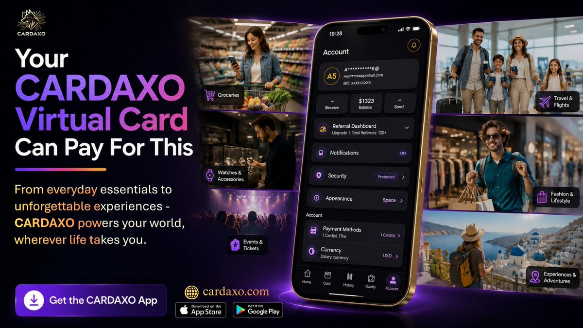 cardaxo's tweet photo. What can your virtual card pay for? 🤔

🛒 Groceries
🛍️ Shopping
✈️ Travel
🎒 Adventures
🍽️ Dining

With CARDAXO, the answer is simple: almost everywhere life takes you. 💳✨

Download Now:
🌐 https://t.co/vZq0XaO8Uo

#Crypto #Web3‌‌ #dining #ShopNow #TravelLifestyle #VirtualCard https://t.co/kINOr400xM