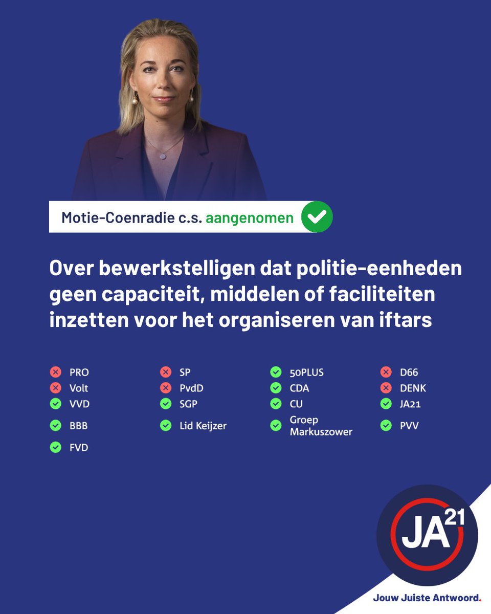 JuisteAntwoord's tweet photo. Dankzij een aangenomen motie van JA21 mag de politie vanwege personeelstekorten en neutraliteit geen middelen en capaciteit meer inzetten voor het organiseren van iftars. https://t.co/hIjUwHpB6n