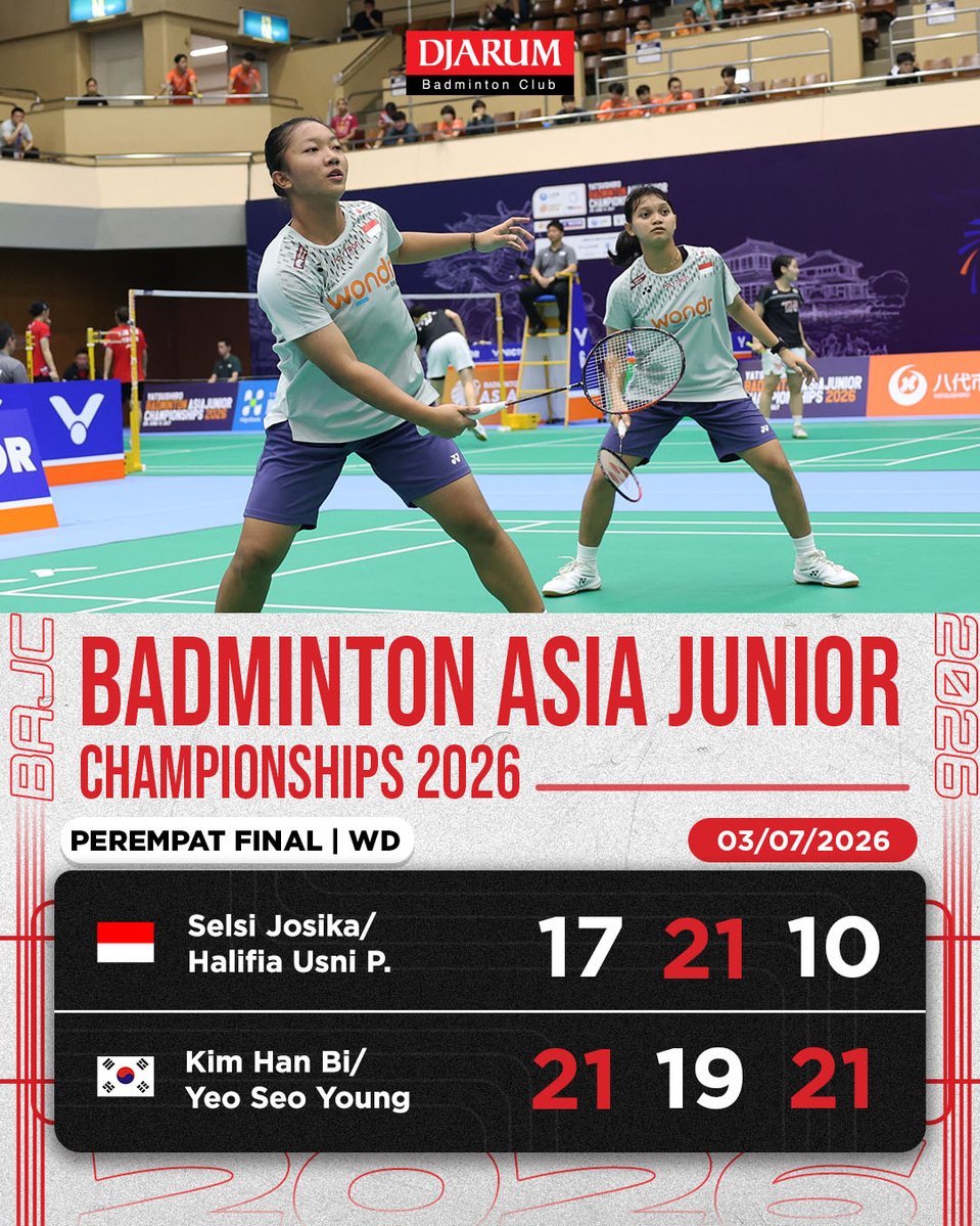 PBDjarum's tweet photo. Tetap semangat semuanya, terima kasih sudah berjuang di #BAJC2026, yah! 💪🙏

#tournament #TeruskanSemangatJuara https://t.co/r82bpyOp5m