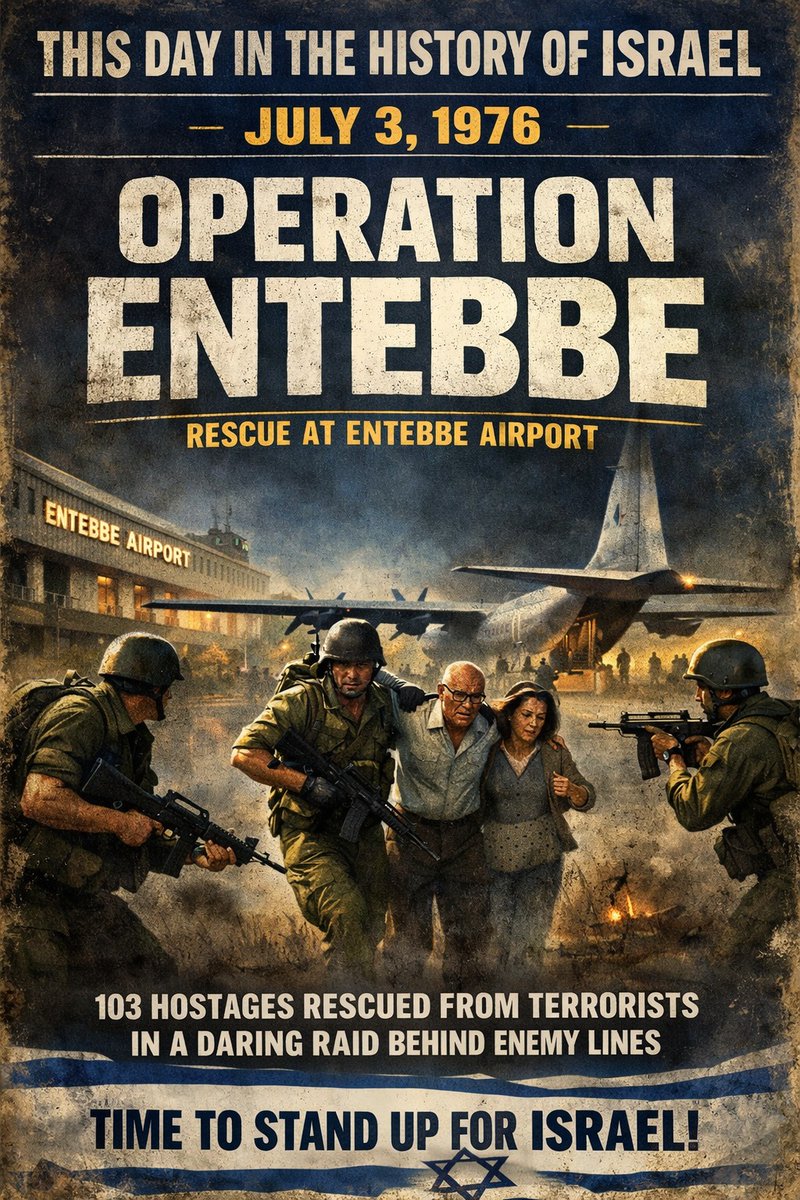 TTSUFISRAEL's tweet photo. On this day, Operation Thunderbolt (also known as Raid on Entebbe) demonstrated extraordinary courage, precision, and determination as hostages were rescued from Entebbe against overwhelming odds. It remains one of history's most remarkable counterterrorism rescue missions and a powerful reminder of the commitment to protect innocent lives.

 #TimeToStandUpForIsrael
 
Read the wole story Here:
👇👇
https://t.co/Bmo9GyAm3j