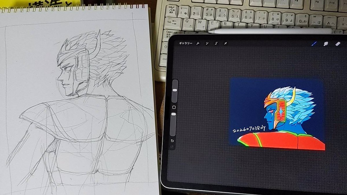 roy_sol2's tweet photo. イラスト交換用に！　と当社比爆速で描いたのでなんか間違いがないかとドキドキするＳアキシオン（後で印刷してきます）　出勤準備しないと～ https://t.co/fXoLbBOGnm