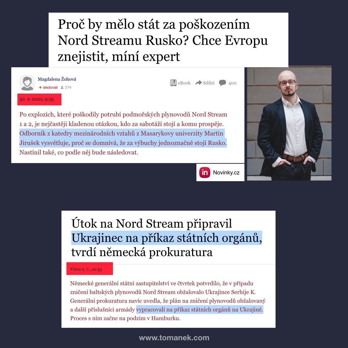 TomanekJan's tweet photo. Tak zhruba takto zde poslední roky fungují média šířící lži a strach a pomáhají k tomu "experti" jako Martin Jirušek (samozřejmě narozen v Brně a působící na MU v Brně... 🙄).

Ale když se na to podívám z jiného úhlu, tak je "zajímavé", že se informace objeví pár dní před setkáním NATO v Ankaře, kde se má vyčlenit dalších neuvěřitelných 72 miliard EUR pro Ukrajinu... 
Možná je v tom naděje, že někomu došla se zeleným kokainistou konečně trpělivost...
A mimochodem, neměla by být náhodou učiněna nějaká tvrdá odvetná a závažná opatření, když Ukrajina tedy ZCELA ZÁMĚRNĚ zaútočila a zničila infrastrukturu států NATO a EU - patrně ještě za naše vlastní peníze? 🤔