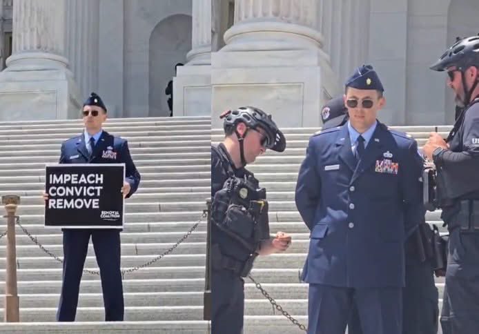 Gianl1974's tweet photo. BREAKING: HERO! Active duty Air Force Major Jason Watson was ARRESTED today by Trump’s goons after protesting for the impeachment of Pres. Trump and VP JD Vance!

As America nears its 250th birthday, a brave member of our armed forces has stepped up to demand the immediate removal of the worst president in our nation’s history…and the second-worst vice president in our nation’s history (it’s gonna be hard to unseat Dick Cheney).

We couldn’t agree more. Donald Trump has turned our nation into the laughingstock of the world, is conducting a free-for-all looting spree while rolling back all our rights and freedoms one by one. 

Impeach. Arrest. Imprison. NOW!

Thank you for your service, Maj. Watson.