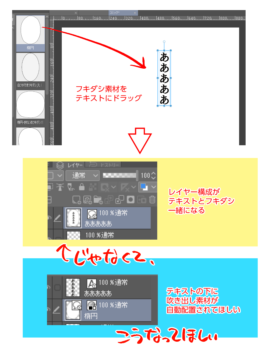 hide_pau's tweet photo. クリップスタジオ有識者にお伺いしたいんですが、こうする方法ってないですかね？

フキダシツールで作ったフキダシじゃなくて、素材登録してるフキダシをテキストの下に自動配置したいんだけど…🤔
合体した状態をオブジェクトツールでフキダシ選択→別レイヤーに配置するしかない？ #clipstudio https://t.co/BfM3qkNve8
