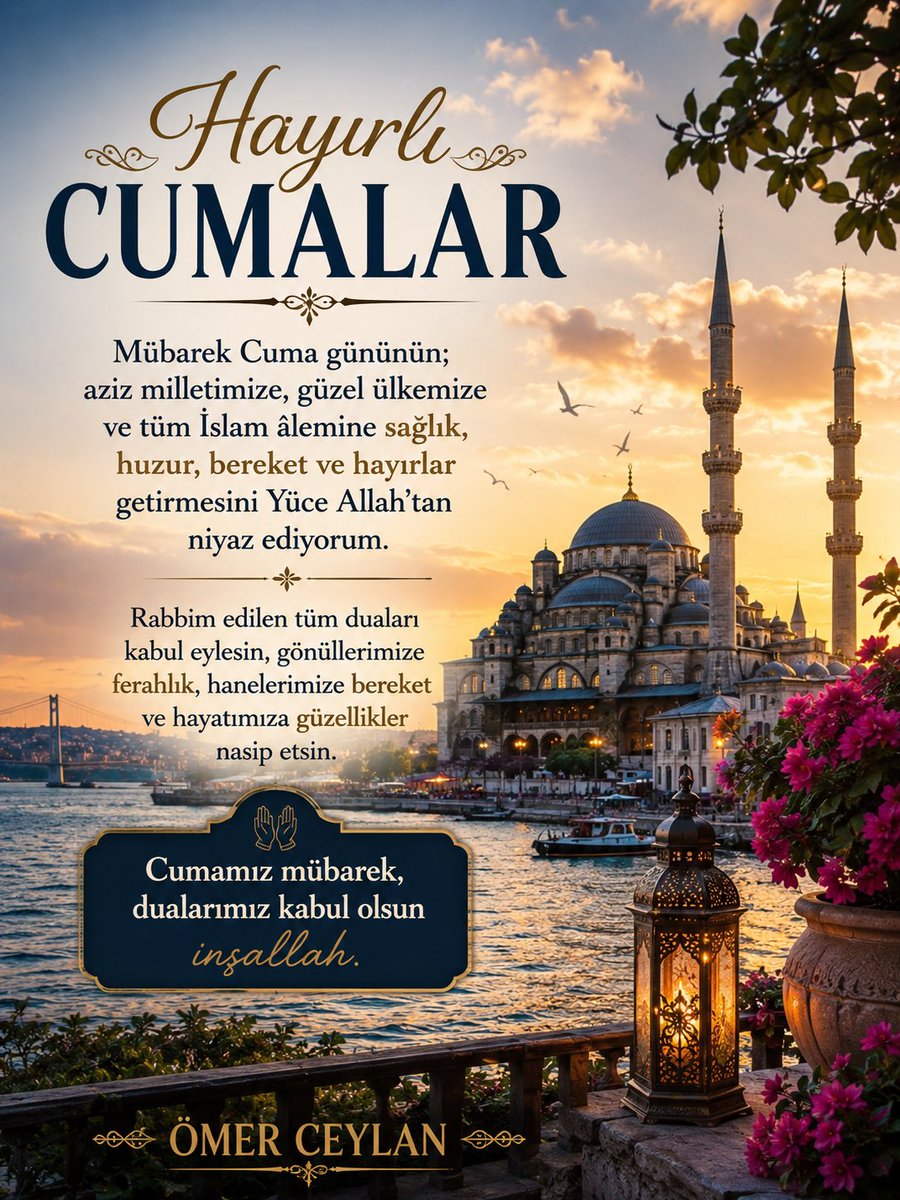 omerceylan52's tweet photo. 🌿 Hayırlı Cumalar 🌿

Mübarek Cuma gününün; aziz milletimize, güzel ülkemize ve tüm İslam âlemine sağlık, huzur, bereket ve hayırlar getirmesini Yüce Allah'tan niyaz ediyorum.

Rabbim edilen tüm duaları kabul eylesin, gönüllerimize ferahlık, hanelerimize bereket ve hayatımıza güzellikler nasip etsin.

Cumamız mübarek, dualarımız kabul olsun inşallah. 🤲🇹🇷

#HayırlıCumalar #CumamızMübarekOlsun #CumaBereketi #DualarımızKabulOlsun