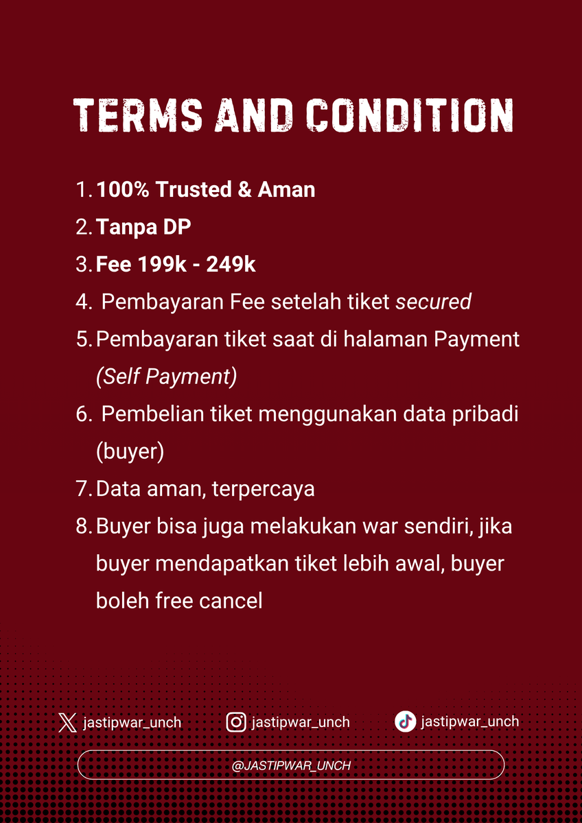 jastipwar_unch's tweet photo. ENGENE! udah siap war tiket?🪗🎸

JASA WAR TIKET · ENHYPEN (Presale &amp; General sale)

🔐 pakai data pribadi
💳 self payment, aman &amp; terpercaya
💵 fee 199k - 249k (bayar kalau dapet!)
🛜 high-speed internet
📲 DM for book!

#ENGENE #ENHYPEN #ENHYPENJAKARTA #JIS #BLOODSAGA #Jaswar https://t.co/iw68q4bGFr