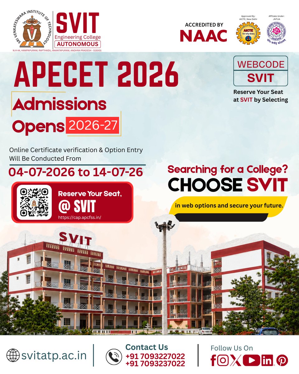 svit_official's tweet photo. APECET 2026 option entry: 04 July – 14 July.
Searching for a college? Choose SVIT Anantapur. Webcode: SVIT. NAAC · JNTUA Affiliated. https://t.co/DIHegMC9NU
#APECET2026 #SVITAnantapur https://t.co/vBlVmhwf5j
