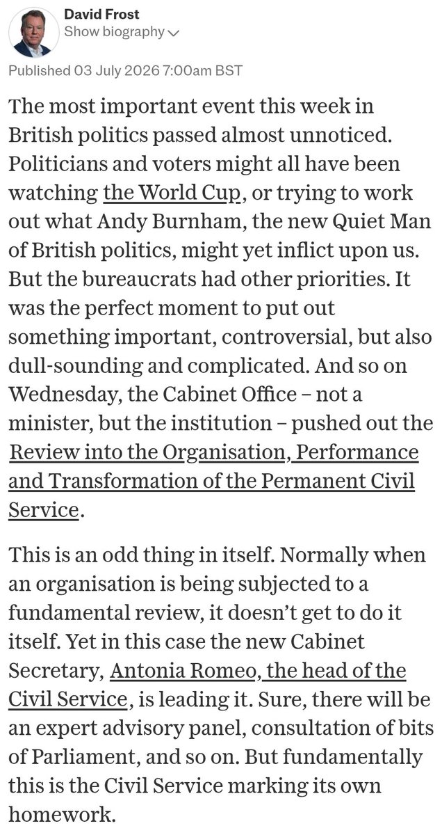 DavidGHFrost's tweet photo. The review of the civil service announced this week lets our bureaucrats mark their own homework.  That won't end well. 

My @Telegraph column this morning.

https://t.co/Kj1uwd14LY https://t.co/oO6E6a6HUW