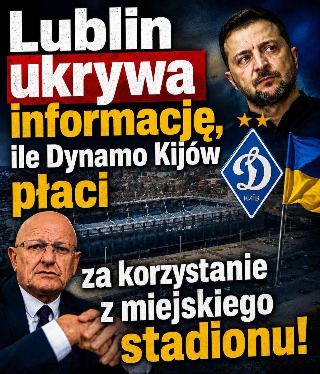 PUsiadek's tweet photo. Lublin ukrywa informację, ile Dynamo Kijów płaci za korzystanie z miejskiego stadionu❗

Arena Lublin to stadion należący do miasta, czyli do wszystkich mieszkańców Lublina. Zarządza nim miejska spółka MOSiR "Bystrzyca". A mimo to ratusz odmawia ujawnienia, ile płaci za jego wynajem ukraiński klub Dynamo Kijów, który rozgrywa tam mecze europejskich pucharów.

Radny Tomasz Gontarz złożył w tej sprawie interpelację. Odpowiedź miasta brzmi: to tajemnica. Ratusz zasłonił się klauzulą poufności wpisaną do umów i swobodą kontraktów z Kodeksu cywilnego.

Dynamo rozegrało w Lublinie trzy mecze w sezonie 2024/2025 i sześć w sezonie 2025/2026. Na kolejny sezon podpisano już następną umowę, do maja 2027 roku. A ile miasto na tym zarabia albo ile do tego dokłada? Tego mieszkańcy wiedzieć nie mogą.

Konstytucja gwarantuje prawo do informacji o gospodarowaniu mieniem komunalnym. Sama klauzula poufności wpisana do umowy nie może tego prawa unieważnić. Miasto zapewnia, że bilans jest "korzystny", ale odmawia podania jakiejkolwiek kwoty. Mamy wierzyć na słowo.

Jest jeszcze drugie dno tej sprawy. Podczas meczów Dynama na Arenie Lublin wielokrotnie dochodziło do banderowskich incydentów. Skandowano m.n. "Sława Ukrajini, herojam sława", Na miejskim obiekcie, którego rozliczeń miasto pilnie strzeże, wznoszono hasła gloryfikujące formacje odpowiedzialne za rzeź Wołynia.

Mieszkaniec Lublina ma pełne prawo wiedzieć dwie rzeczy. Ile jego miasto zarabia lub dopłaca do goszczenia zagranicznego klubu. I dlaczego na jego stadionie przechodzą bez konsekwencji banderowskie okrzyki.⁩