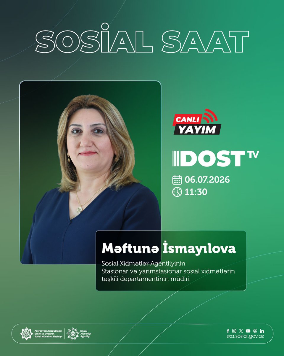 sxasosialgovaz's tweet photo. ⏰ “Sosial saat”ın budəfəki qonağı Sosial Xidmətlər Agentliyinin Stasionar və yarımstasionar sosial xidmətlərin təşkili departamenti müdiri Məftunə İsmayılovadır.
Kanala keçid linki:
👉 https://t.co/ppsmMrLMck
#ƏƏSMN #DostTV #SXA #SosialSaat https://t.co/6xOEc9F3Yg