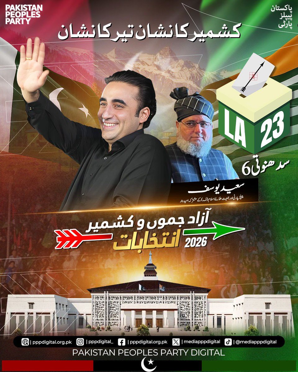 mediapppdigital's tweet photo. حقوق کی جنگ، پیپلز پارٹی کے سنگ! 
کشمیر کے غیور عوام کے مسائل کا واحد حل صرف پاکستان پیپلز پارٹی کے پاس ہے۔ 27 جولائی کو ایل اے-23 پونچھ و سدھنوتی (پلندری) سے  مولانا سعید یوسف کو جمعیت علمائے اسلام (جے یو آئی) کے ساتھ انتخابی اتحاد کے تحت امیدوار نامزد کیا گیا ہے، انُُ کو بھاری اکثریت سے کامیاب بنائیں۔

@BBhuttoZardari 
#AzadKashmirKaNishanTeer