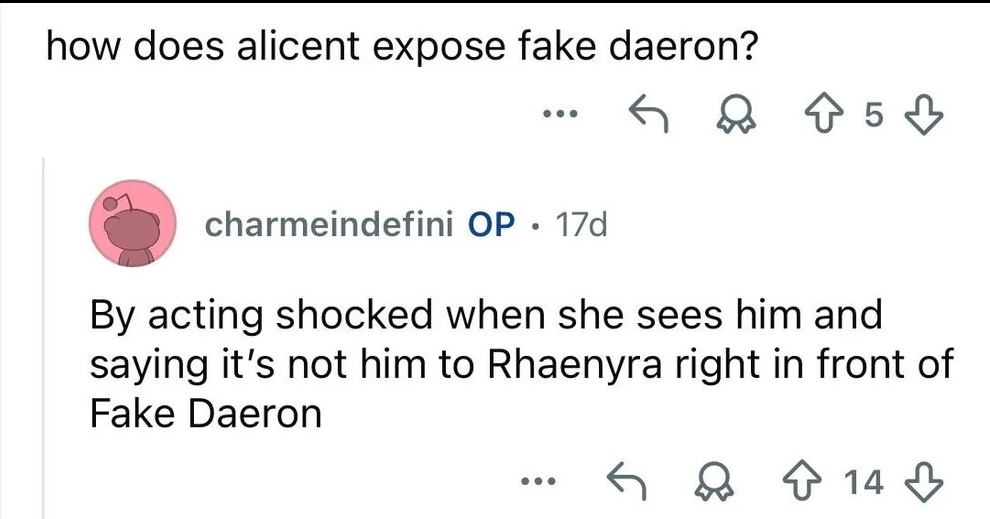 RohitViratFan58's tweet photo. 🚨So Alicent Recognises Fake Daeron https://t.co/y4Fx4Db6ct