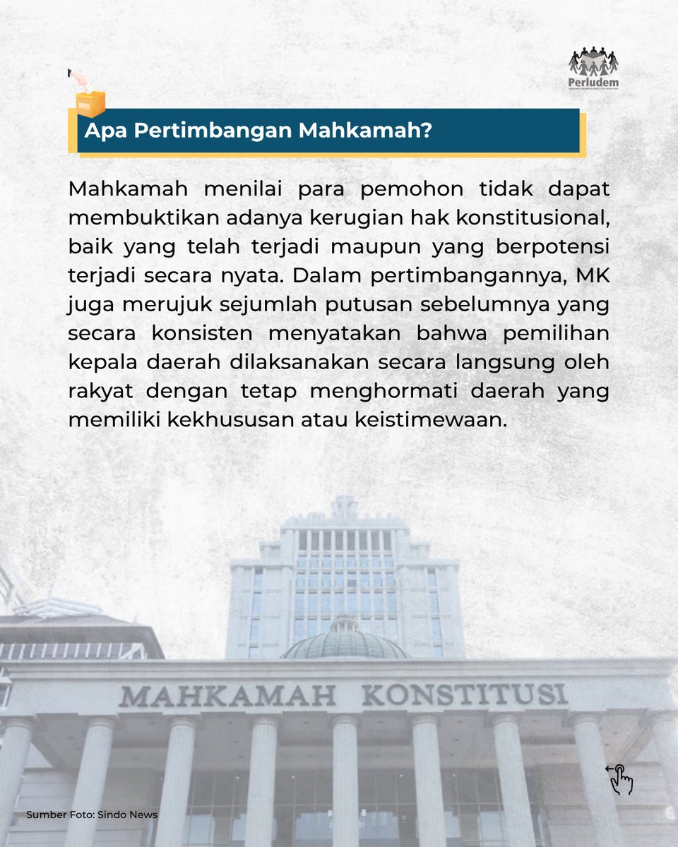 perludem's tweet photo. 🗳️ Pilkada tetap dipilih langsung oleh rakyat.

Putusan MK No. 195/PUU-XXIV/2026 menyatakan permohonan uji materi UU Pilkada tidak dapat diterima. Dengan demikian, mekanisme pilkada langsung tetap berlaku dan memberi kepastian hukum atas sistem pilkada. https://t.co/8GCSBAbMFS
