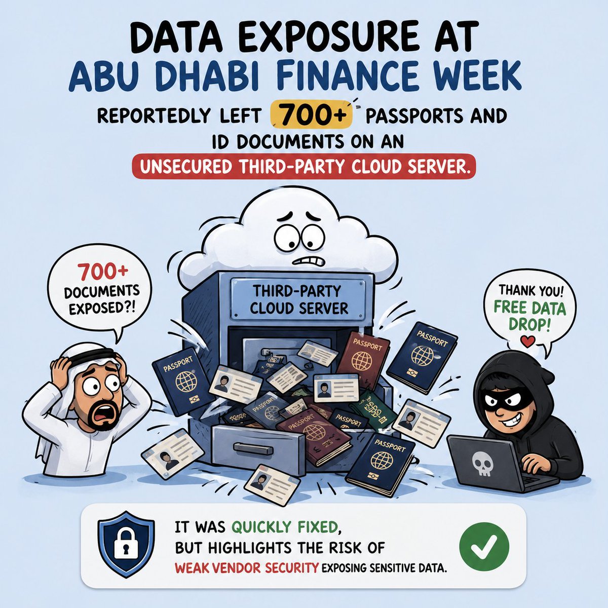 SigmifyGRC's tweet photo. Data Exposure at Abu Dhabi Finance Week 

More than 700 passports and government-issued ID documents were reportedly exposed after being stored on an unsecured cloud server managed by a third-party vendor during Abu Dhabi Finance Week. 

Although the issue was quickly identified and secured, it highlights a critical risk: even strong organizations can be exposed through weak vendor controls and third-party security gaps. 

Source: https://t.co/bGVNxjKGhh 

#CyberSecurity #DataBreach #ThirdPartyRisk #CloudSecurity #RiskManagement