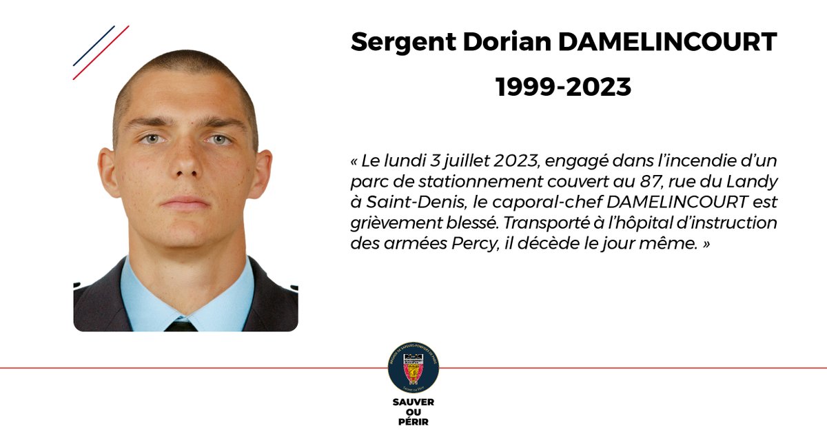 PompiersParis's tweet photo. ⚫ [#Hommage] Il y a 3 ans, le sergent Dorian DAMELINCOURT, engagé dans l’incendie d’un parc de stationnement couvert à Saint-Denis (93), est grièvement blessé.

Transporté à l’hôpital, il décède le jour même.

Tous les lundis matin, son nom est cité lors de l'appel des morts au feu.