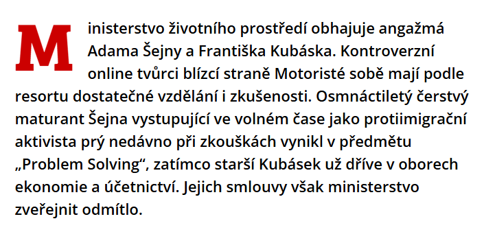 Posledniskaut's tweet photo. Server @hlidacipes_org požádal ministerstvo životního prostředí na základě zákona o svobodném přístupu k informacím o přesný popis pracovní agendy obou čerstvě přijatých zaměstnanců Kubáska a Šejny, jejich profesní kvalifikaci i poskytnutí smluv upravujících jejich spolupráci s ministerstvem.
https://t.co/tA4XHC8KLO