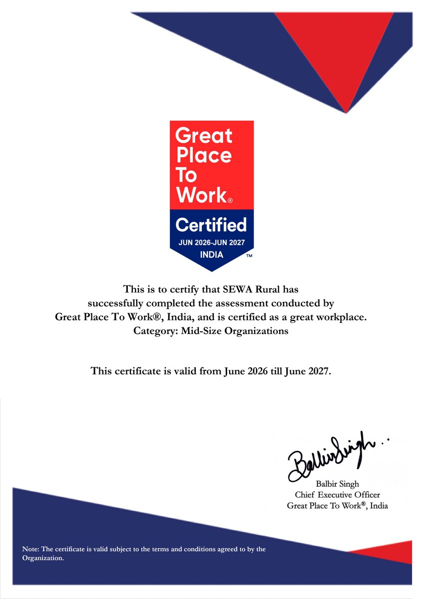 sewarural's tweet photo. Proud moment @SEWARural has been certified as a Great Place to Work® for the 10th consecutive year.This recognition reflects the trust,pride and strong sense of belonging shared by our team. Here's to continuing to build a workplace where people thrive.#GreatPlaceToWork#SEWARural https://t.co/q147ZDkrZL