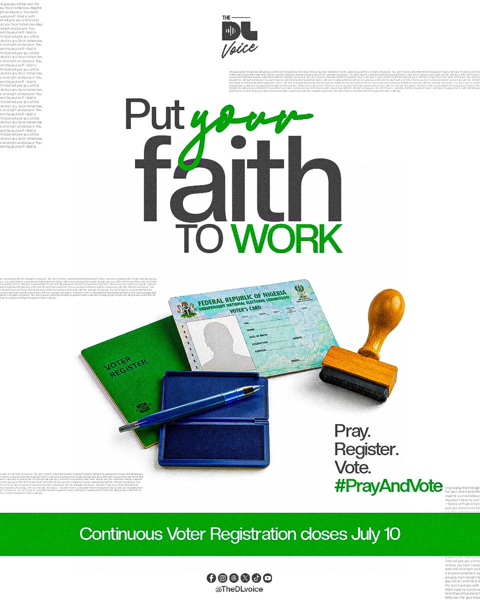 TheDLvoice's tweet photo. You have prayed for peace, prayed for righteous leaders, prayed for wisdom, justice, prosperity, and healing for our nation. But what will you do after saying "Amen"?
Visit https://t.co/ApaOWev0zD to learn more and start your registration process.
#PrayAndVote
#HandOfGod https://t.co/fRSGPy5cY5