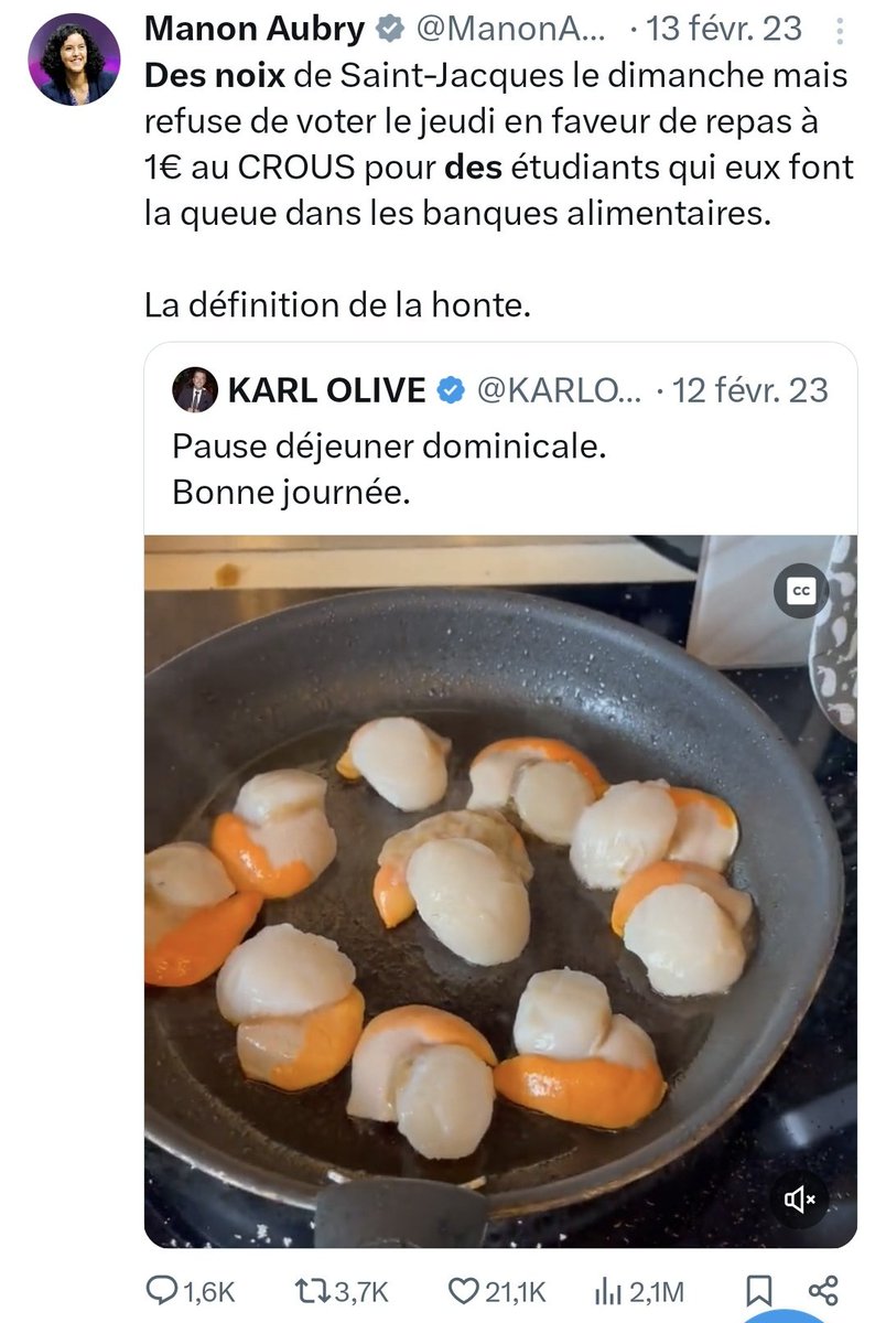 KimJongUnique's tweet photo. Manon Aubry se plaint d’être harcelée, alors que des vidéos et photos ont montré son train de vie fastueux en décalage avec ses discours.

Elle était la première à afficher un député qui cuisinait 10 noix de Saint-Jacques. Certes, c’est pas un plat quotidien, mais c’est moins cher d’en préparer soi-même que d’aller dans un resto attrape-touristes du litoral pour manger un menu steack-frites-fondant au chocolat surgelés de Métro).

Quand une politicienne passe son temps à afficher sa vertu, à faire des leçons de morale puritaine sur des petits plaisirs, elle ne doit pas s’étonner de se faire afficher si elle prend la business class, loue un voilier et roule en Audi A8 du corps diplomatique de l’UE en traitant un chauffeur comme un vulgaire domestique.