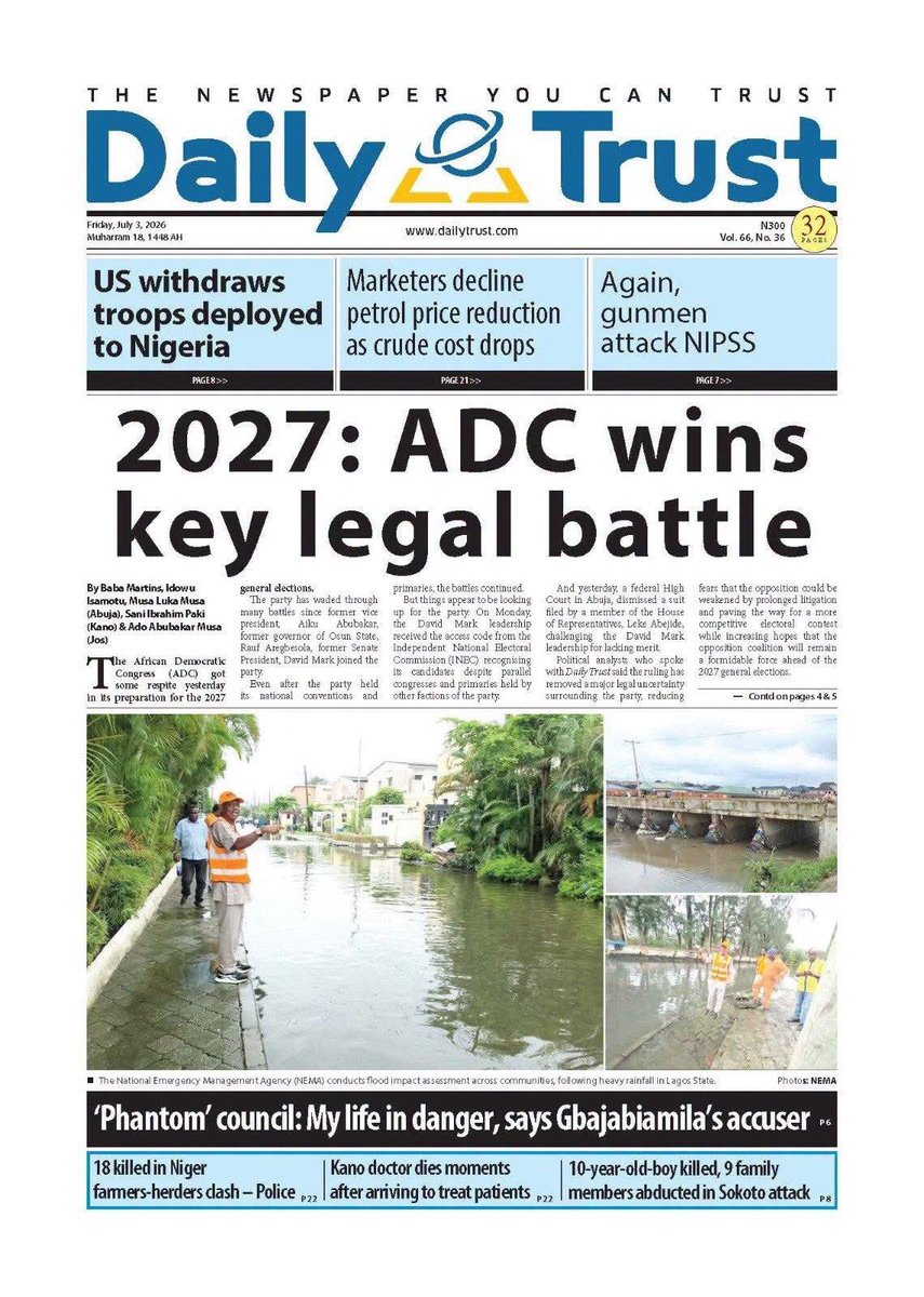RhythmBayelsa's tweet photo. Good morning Rhythm Nation. Here’re the printed happenings across Nigeria, today Friday July 03, 2026 https://t.co/UuVMCedvNO