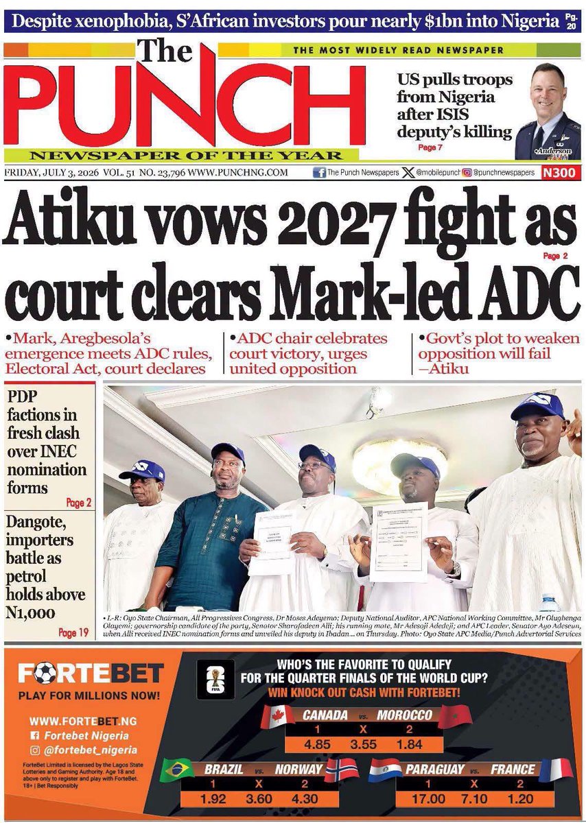 RhythmBayelsa's tweet photo. Good morning Rhythm Nation. Here’re the printed happenings across Nigeria, today Friday July 03, 2026 https://t.co/UuVMCedvNO
