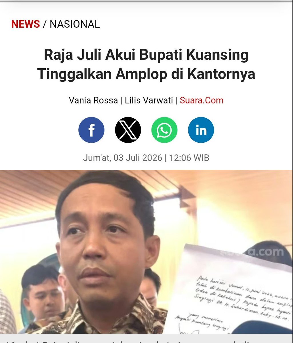 ch_chotimah2's tweet photo. Amplop diterima tgl 2 Juni.
Dikembalikan tgl 12 Juni.

Jadi pertanyaan,
Knp 10 hari baru kembalikan?
Knp dikembalikan ke bupati?
Knp ga dikasih @KPK_RI / @KejaksaanRI?
Knp ga laporkan penyuapan?
Apa ini ga termasuk melindungi kejahatan?
Silahkan netizen simpulkan.

Raja Juli Akui Bupati Kuansing Tinggalkan Amplop di Kantornya.
https://t.co/WNGkspWkmD