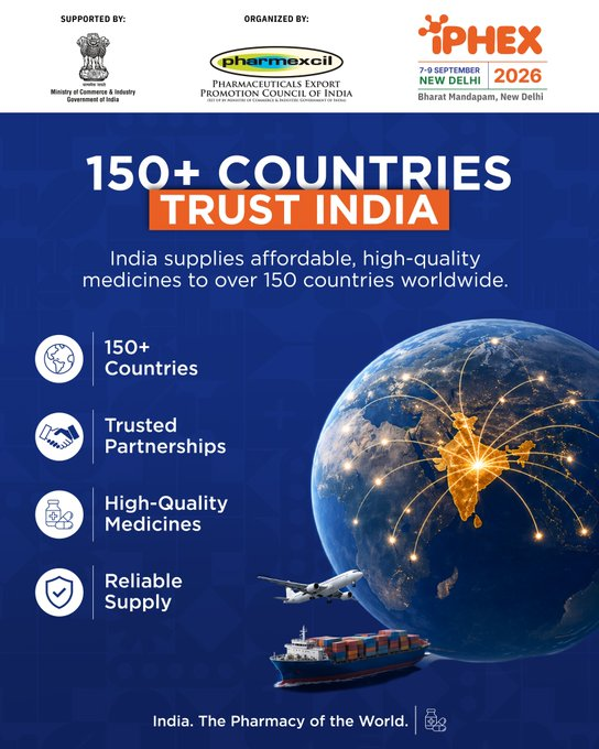 Pharmexcil's tweet photo. India supplies affordable, high-quality medicines to 150+ countries—backed by strong manufacturing, trusted partnerships, and reliable supply chains.​  Experience it at #iPHEX2026​ 7–9 Sept 2026 | Bharat Mandapam, New Delhi​   Register now. https://t.co/Ge0jqrZXLm