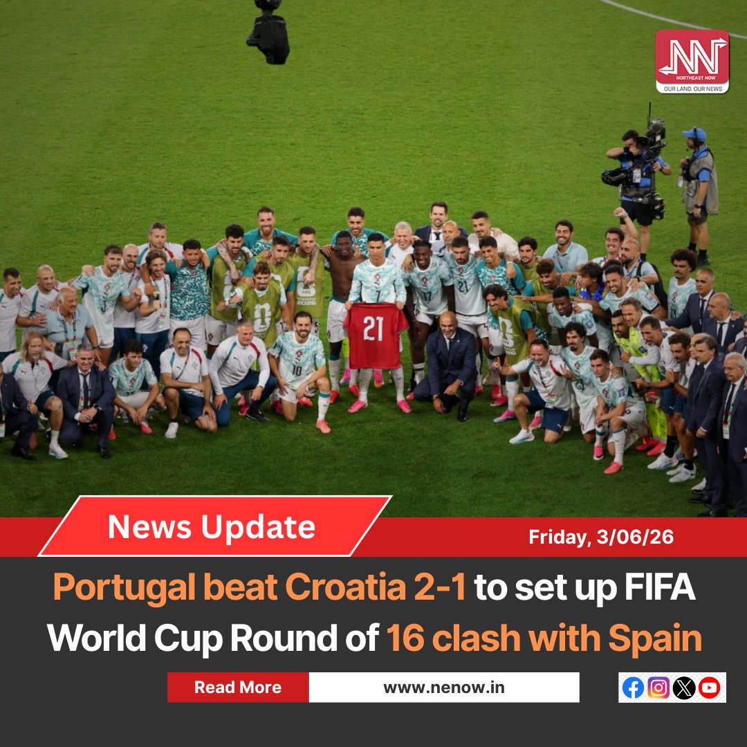 NENowNews's tweet photo. Portugal came from behind to defeat Croatia 2-1 in the FIFA World Cup Round of 32 on Thursday, securing a place in the Round of 16 where they will face Spain.
After a goalless first half, Croatia took the lead in the 53rd minute through Ivan Perisic. Portugal equalised in the 68th minute when Cristiano Ronaldo converted a penalty awarded following a VAR review for a foul inside the box.
With the match heading towards extra time, substitute Gonçalo Ramos scored the winner in the 91st minute, heading in a cross from Rafael Leão.
Croatia thought they had forced extra time when Joško Gvardiol found the net deep into stoppage time, but the goal was ruled out for offside after a VAR review.
The victory sends Portugal into a Round of 16 clash against Spain, who advanced with a 3-0 win over Austria. Croatia, meanwhile, exit the tournament after a hard-fought campaign.
Read more: https://t.co/4ww0h2cbAw
#FIFAWorldCup #Portugal #Croatia