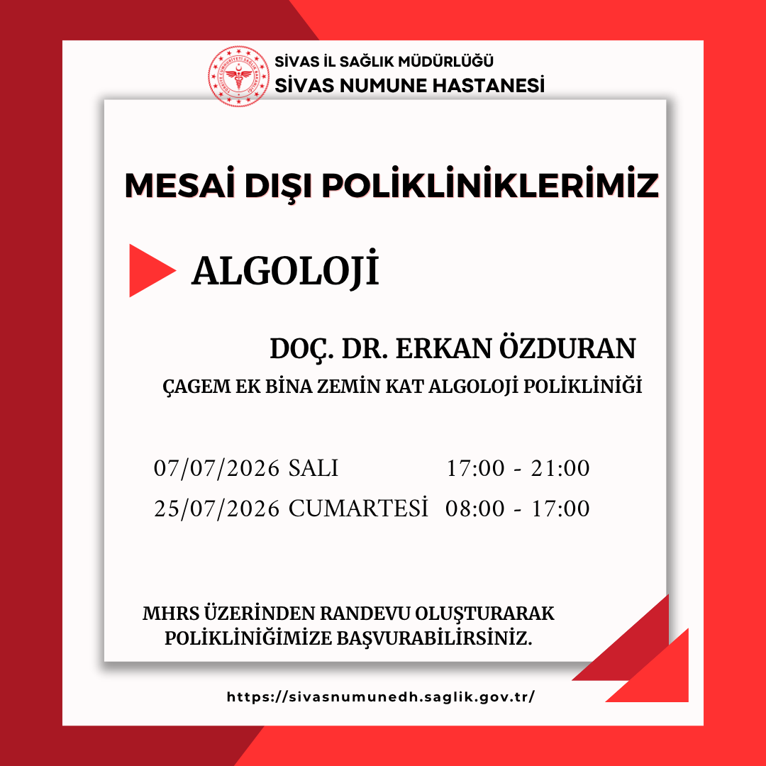 Sivas_Num_Hast's tweet photo. Temmuz Ayı Mesai Dışı Polikliniklerimiz... https://t.co/OzYhfIzOmM