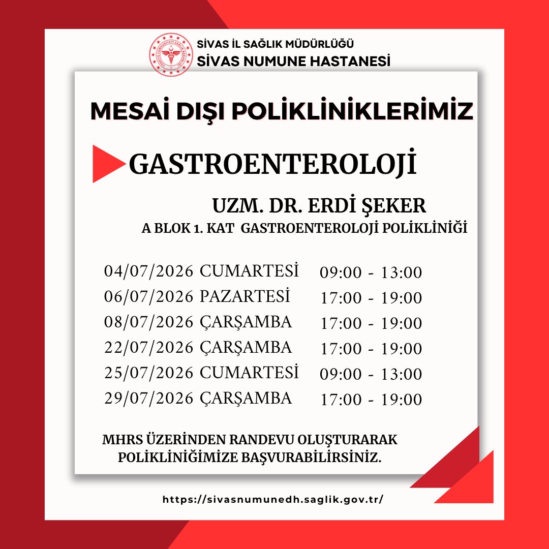 Sivas_Num_Hast's tweet photo. Temmuz Ayı Mesai Dışı Polikliniklerimiz... https://t.co/OzYhfIzOmM