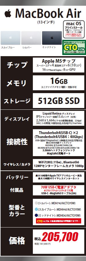 アメ横2F PC本体コーナー】 Apple MacBook Air 13インチ M5 , メモリ