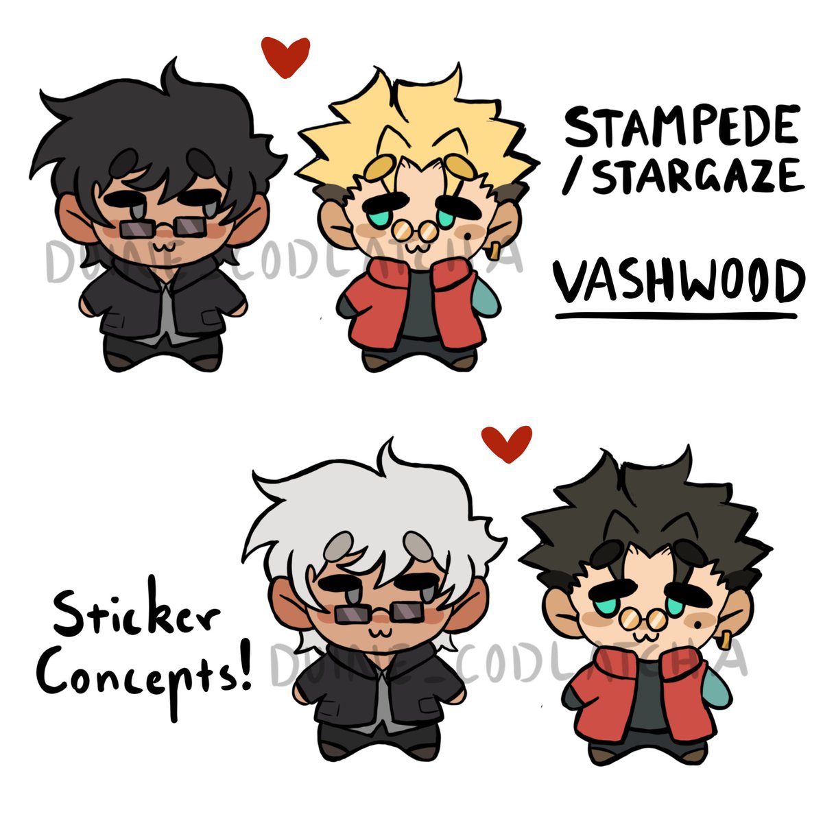 Duine_codlatcha's tweet photo. Iv been in a bit of a drawing slump recently due to uni wringing me dry, so here are some vashwood sticker ideas I came up with on the train! I dont ussaly draw in chibi styles, let me know what u think! https://t.co/5jSID9TujC