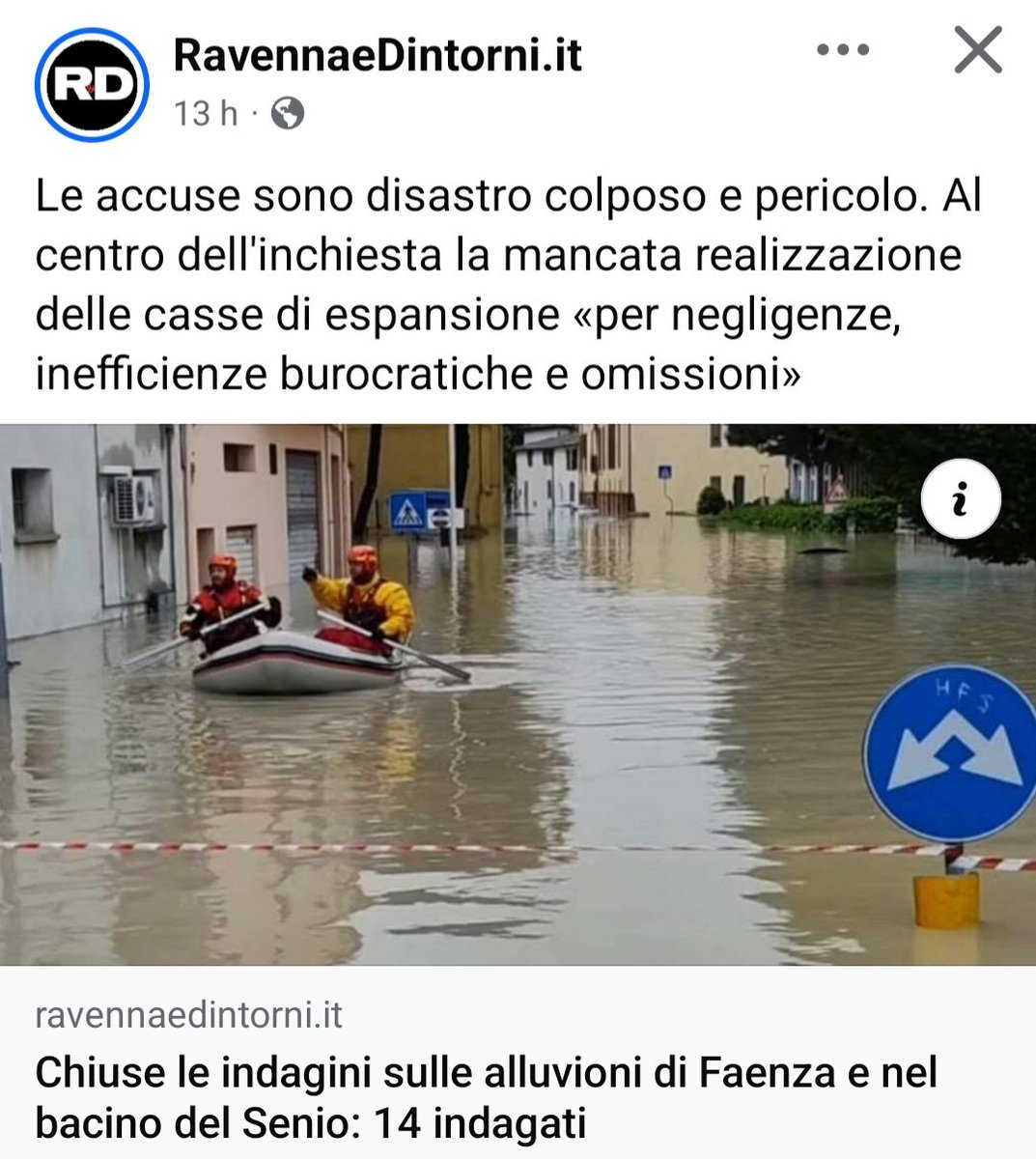 Virna25marzo's tweet photo. RAVENNA.
Sembrava chiusa la faccenda e invece si va avanti nonostante qualcuno di cui non faccio il nome (Bonaccini) continui ad affermare che le alluvioni qui in Romagna siano state causate dal cambiamento climatico e non dalle mancate opere per contenere i disastri e l'incuria del territorio .
⬇️
"Le accuse: disastro colposo e pericolo. Al centro dell'inchiesta la mancata realizzazione delle casse di espansione «per negligenze, inefficienze burocratiche e omissioni»"