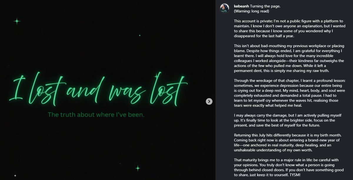 kebxstarr's tweet photo. My last sign of life here was Oct 2025, before my mental health hit a wall and I deactivated everything in Jan. 6 months offline taught me a lot. The void on X doesn't care lol, but I just posted my raw truth on IG for those wondering. Let's be moots there.🟩⭐ #LostStar https://t.co/d8zRSS6U3g