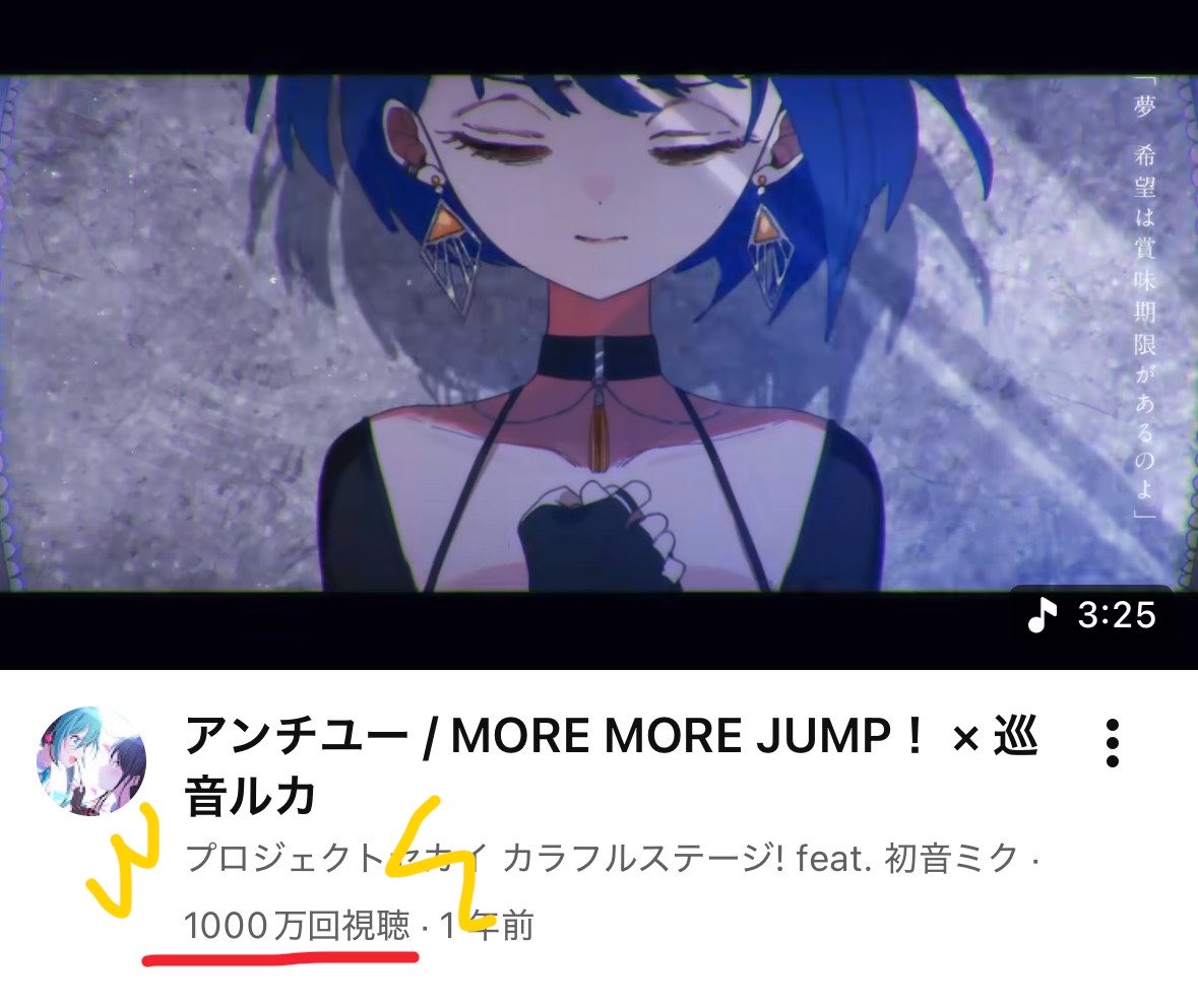 yoshioka_mayuC's tweet photo. ふと気になって、聴きに行ったタイミングで、、1000万回？！？！？！
すごおおおい！！！！👏👏

アンチユー / MORE MORE JUMP！ × 巡音ルカ https://t.co/b49dW9fgWe https://t.co/AoRNnS4A6U