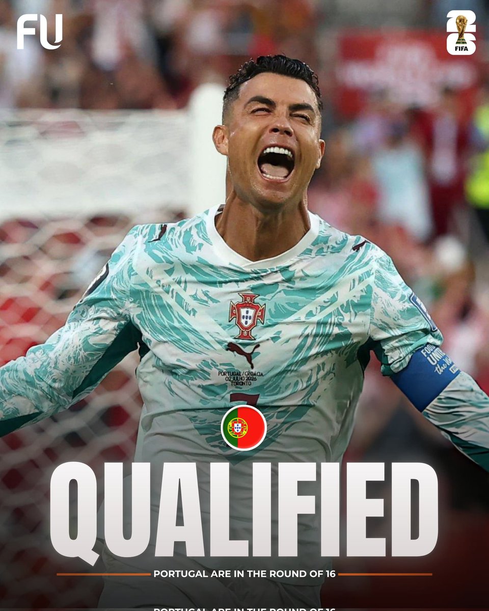 FootballUp89715's tweet photo. ✅🇵🇹 RESMI: Portugal berhasil melaju ke Babak 16 Besar Piala Dunia 2026!

Seleção tampil solid dan sukses mengamankan tiket ke fase berikutnya. Kini Portugal siap menghadapi tantangan yang lebih berat demi menjaga asa meraih trofi Piala Dunia 2026. 🔥🏆 https://t.co/vmar54Gev1