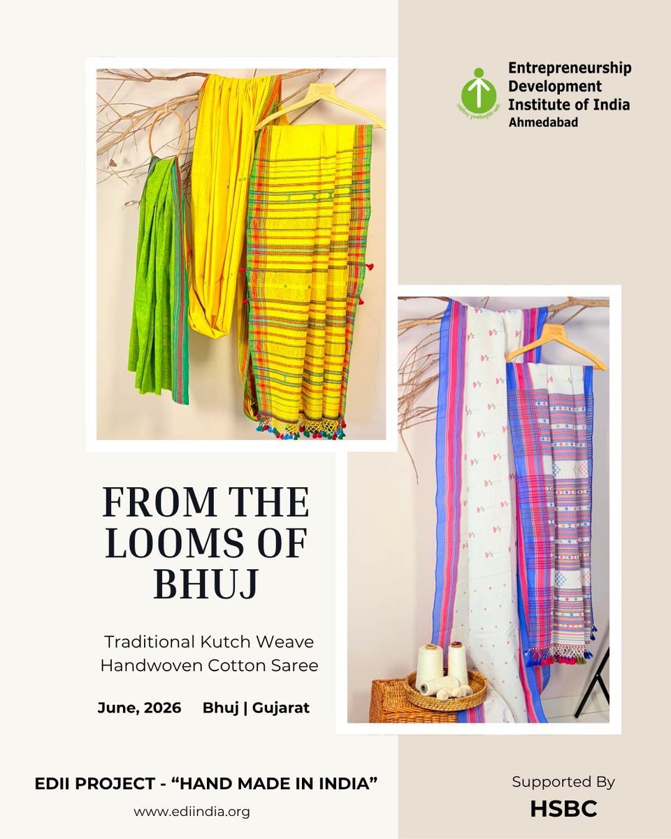 edii_sro's tweet photo. New designs, new milestones!
From the looms of Kachchh to the world, this is handmade heritage, reimagined.
#EDII #ediindia #weaving #clothing #Gujarat #Kalacotton #products #entrepreneur #hsbc https://t.co/7mjxIg6lDf