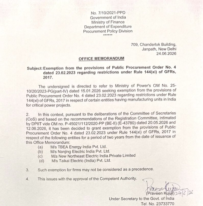 growwyourmoney's tweet photo. Mota Mota
If domestic manufacturers alone were sufficient, the government wouldn’t need to issue such an exemption.
The existence of this memorandum itself suggests that demand is outpacing immediately available capacity.
#gevernova #shilchar #hitachi #taril #cgpower #apar https://t.co/G0HMr57cQW
