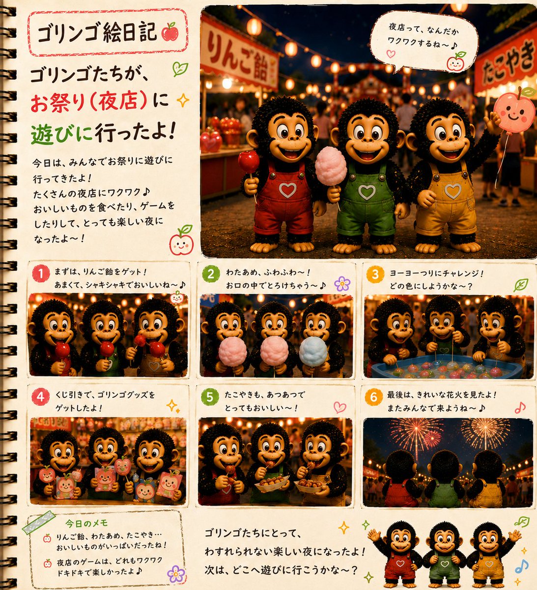 goringo564239's tweet photo. 🍎🏮ゴリンゴ達がお祭りへ🏮🍎

りんご飴🍎
わたあめ☁️
ヨーヨーつり🎈
たこやき🐙
楽しいことがいっぱい✨
最後は花火を見ながら
「また来ようね〜♪」😊
#ゴリンゴ #お祭り #夜店 https://t.co/aXME4VDV6R