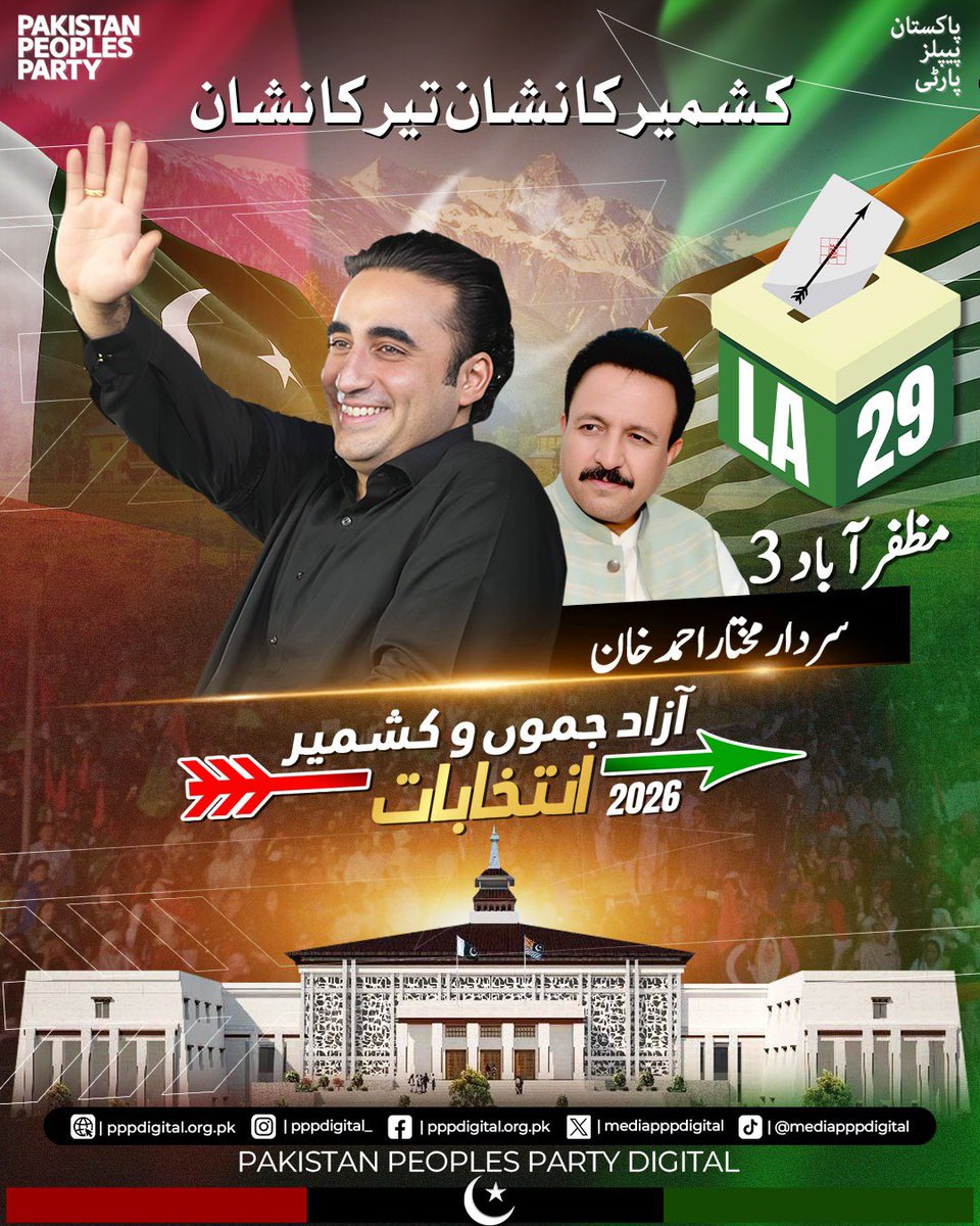 mediapppdigital's tweet photo. حقوق کی جنگ، پیپلز پارٹی کے سنگ! 
کشمیر کے غیور عوام کے مسائل کا واحد حل صرف پاکستان پیپلز پارٹی کے پاس ہے۔ چیئرمین بلاول بھٹو زرداری کے اس کاروان کا حصہ بنیں اور 27 جولائی کو تیر کے نشان پر مہر لگا کر  ایل اے-29 مظفرآباد-3 (مظفرآباد سٹی) سے سردار مختار احمد خان کو بھاری اکثریت سے کامیاب بنائیں۔
کشمیر کا نشان، تیر کا نشان

@BBhuttoZardari 
#AzadKashmirKaNishanTeer