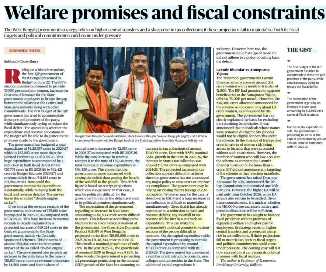 imRavikantYadav's tweet photo. Welfare promises & fiscal constraints
:An informative article by Sh Subhanil Chowdhury
#WestBengal #Budget
#Welfare #DearnessAllowance #7thPayCommission #AnnapoornaYojana
#Salary #Pension
#Jobs
#FiscalDeficit #RevenueDeficit
#Expenditure #Revenue
#Politics
#Economy
#UPSC https://t.co/Cul8h0S8ug