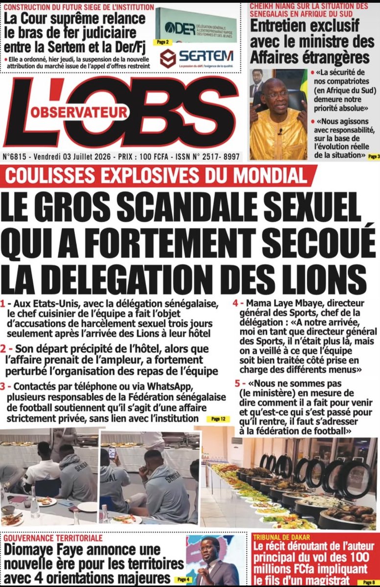 GFMofficiel's tweet photo. La Une de l’Observateur du 03 Juillet 2026 https://t.co/CuVrpyW3gf